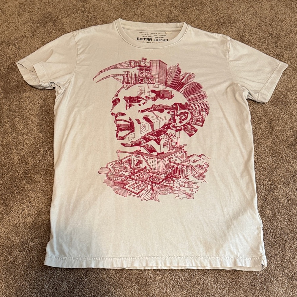 Diesel Men’s White Graphic Tee with Maroon Illustration